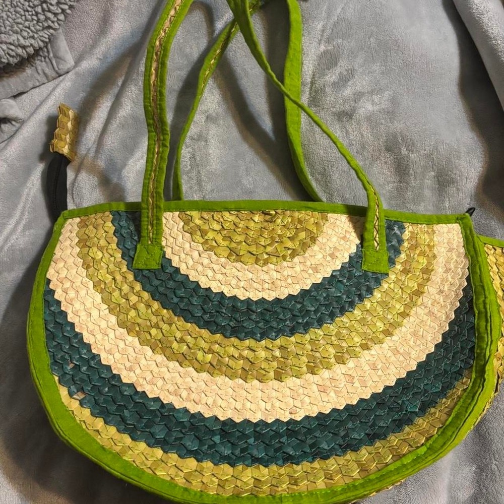 Bali Bay Trading Company Green Striped Crescent Tote, Zip, Boho styling